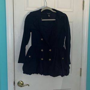 Navy blue raincoat with small white stains on back that could be removed